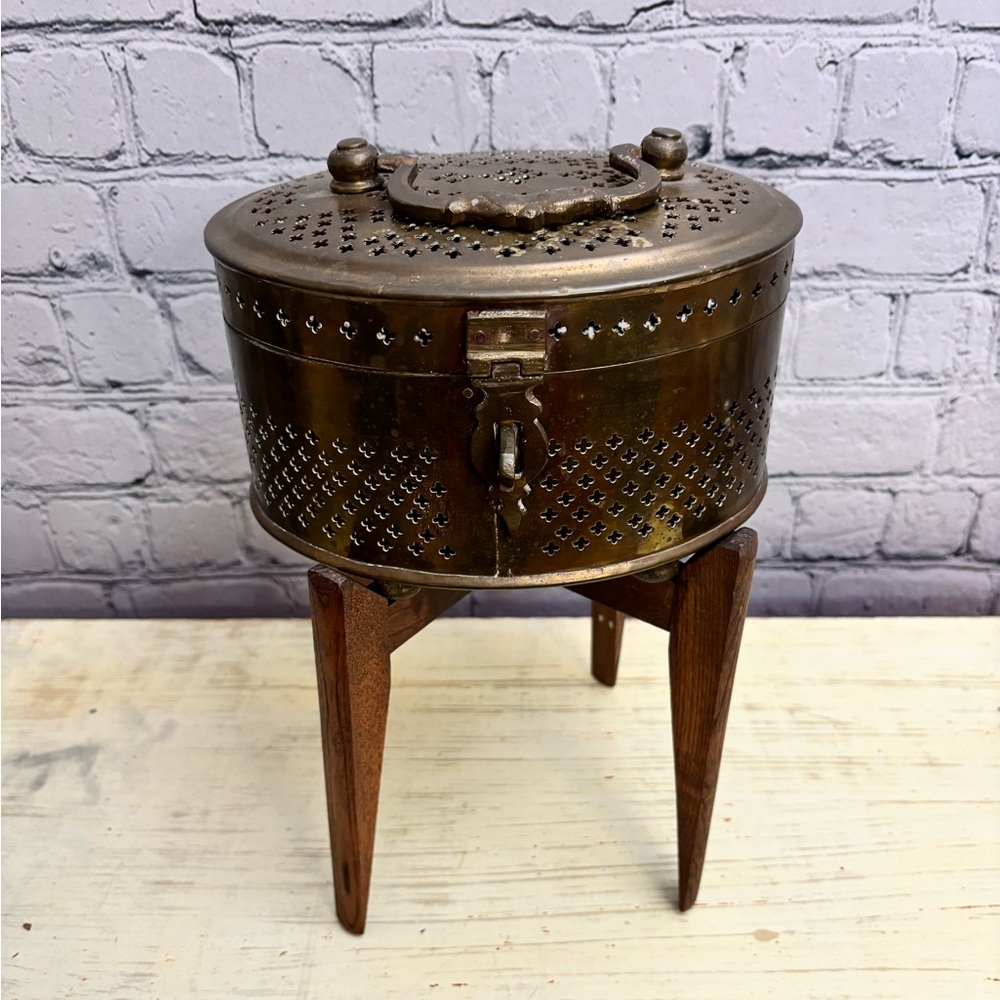 Antique Brass Cricket Box with Wooden Stand